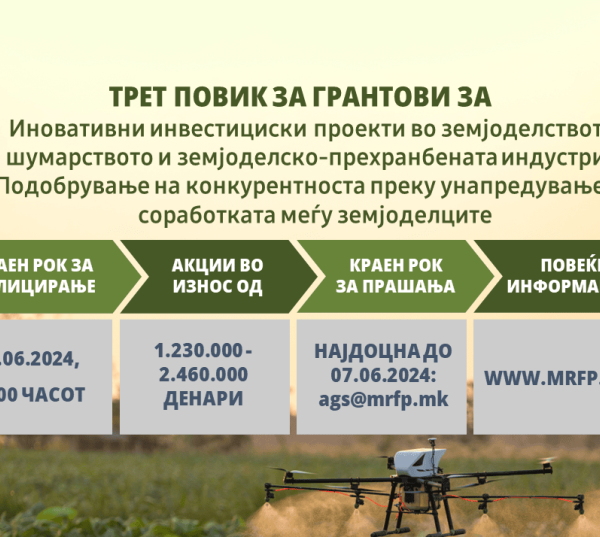 МРФП објави трет повик за доделување на грантови „АгроСмарт – Развој на модерно и одржливо земјоделство”
